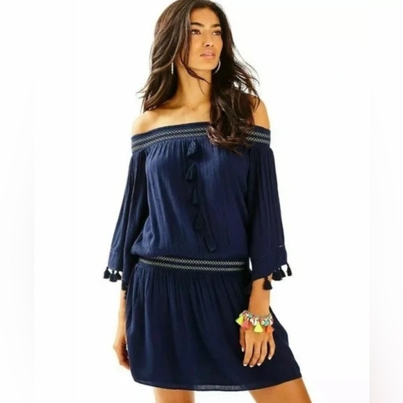 Lilly Pulitzer "Joelle" Off The Shoulder Tunic Dress Navy Blue Smocked small - Picture 1 of 4